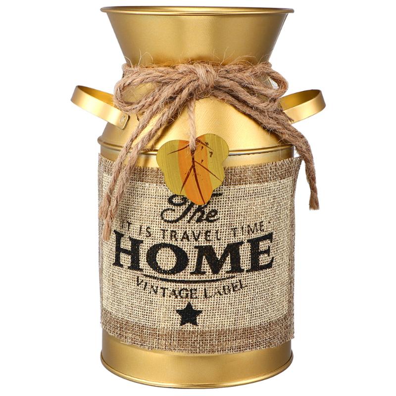 

1PC Milk Pot Shape Vase Golden Iron Flower Bucket Creative Letters Printing Vase for Home Store (Golden HOME Style
