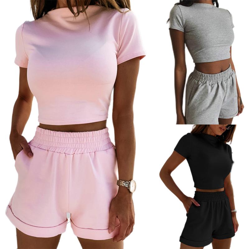 

Women Fashion Casual Set Solid Short Sleeve Slim Top + High Waist Shorts, Black