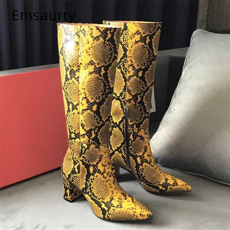 

Serpentine Real Leather Knee-high Boots Women Square High Heel Point Toe Side Zip Autumn Winter Botas Mujer, White