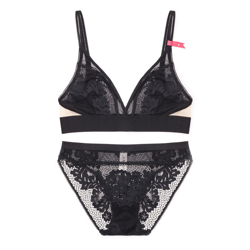 

2020 summer sexy ultrathin cup women bra set lace floral embroidery French underwear sets transparent grenadine lingerie suits, Black