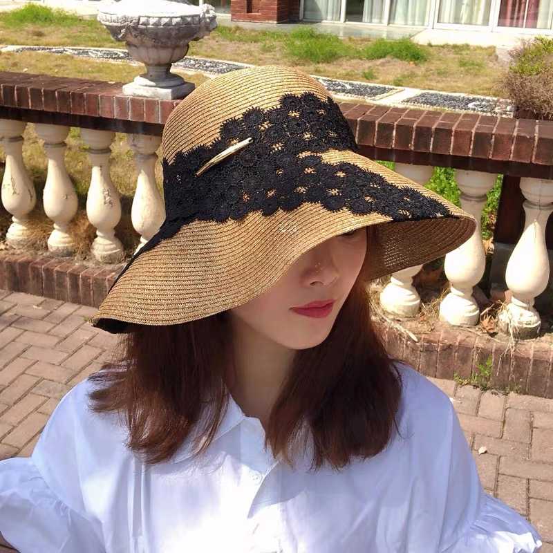 

New High Quality Women Summer Sun Hat Wide Brim Packable Anti-UV Straw Hat White Black Lace Flower Cloche Beach Caps 55-59cm