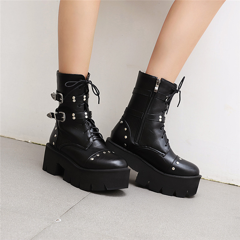 

YMECHIC Winter Ankle Combat Boots for Women Vintage Punk Platform Studded Womens Shoes Buckle Lace Up Boots Block Heels, Hei jia rong