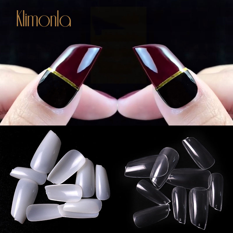 

500Pcs Professional False Nails Milky White Clear Color Nail Art Sheet UV Gel Tip Full Cover Lipstick Style Slim Manicure Tool, Red;gold