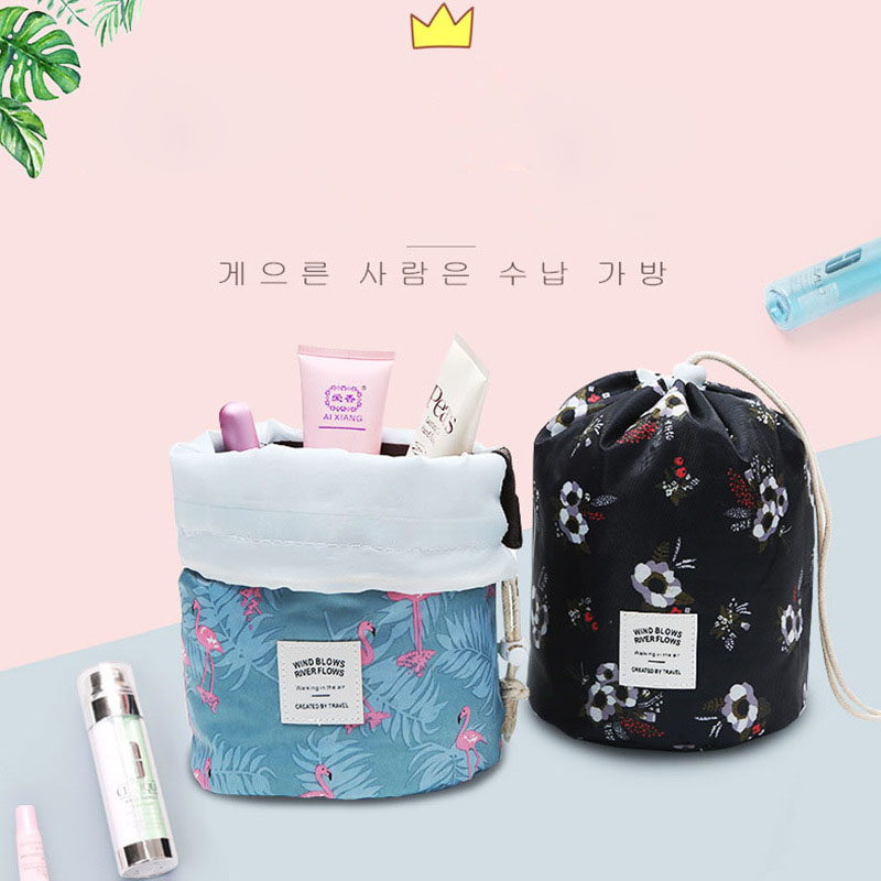 

Waterproof bag Elegant Barrel Shaped Travel Women Cosmetic Bag Drawstring Drum Wash Storage Make up Large Capacity
