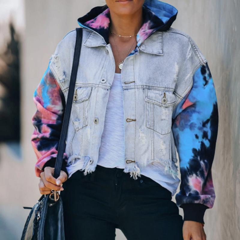 

Women' Tie Dye Hooded Autumn Denim Jackets Long Jean Coat Hooded Outwear Female 2020 Fashion Streetwear Trainning Lady Tops #z, Blue