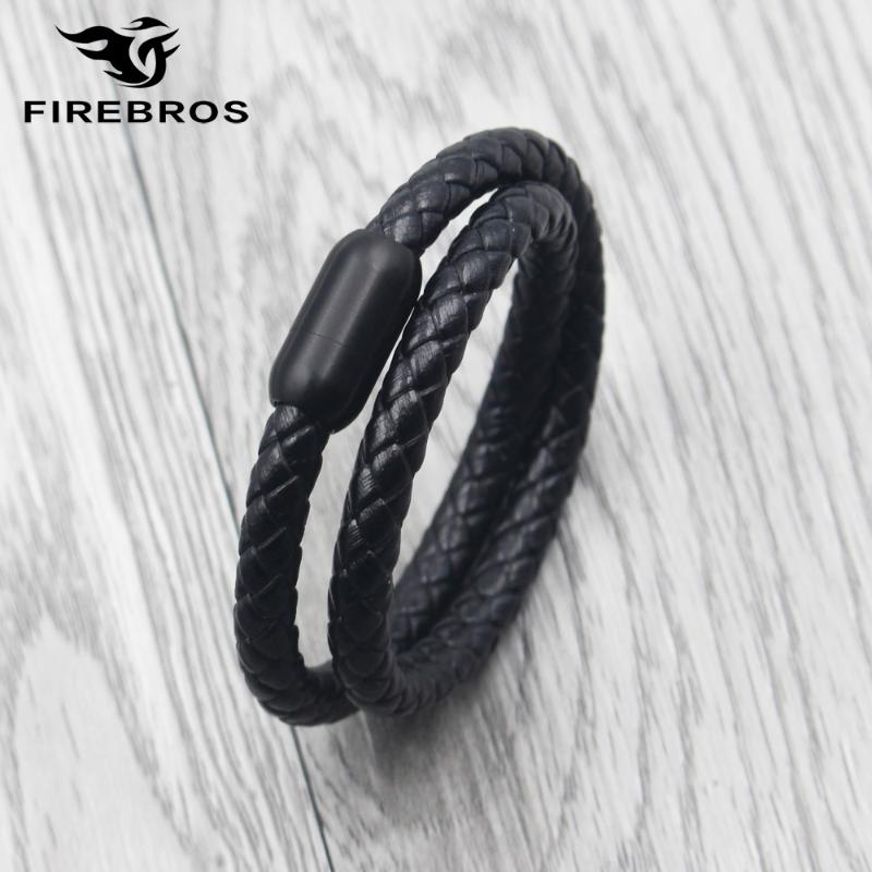 

FIREBROS 2020 New Women Men Jewelry Gift Punk Multilayers Braid Genuine Leather Bracelet Black Stainless Steel Magnetic Buckle