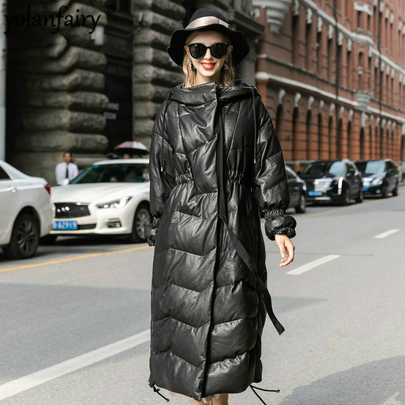 

Leather Jacket Women Sheepskin Duck Down Winter Coat Women Hooded Long Jaccket for Womens Clothing SMY7316R Chaqueta Mujer YY810, Black