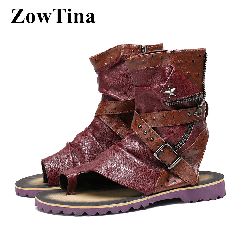 

Vintage Design Men Flats Sandals Leather Rivets Summer Boots Shoes Man Gladiator Ankle Strap Sandalias Hombre Size 46 Zapatillas, Wine red