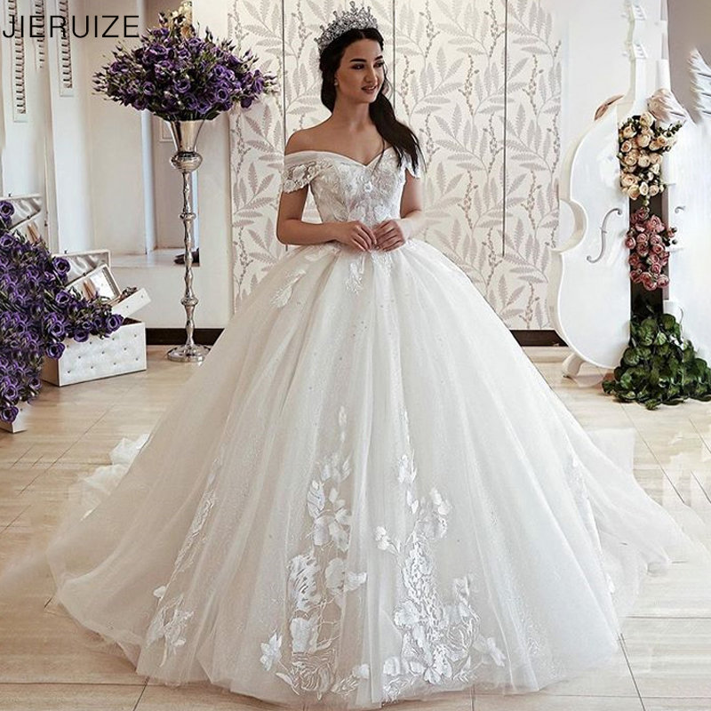 

JIERUIZE Luxury Lace Appliques Wedding Dresses Off the Shoulder Lace Up Back Wedding Gowns Bride Dresses robe de mariee, Ivory