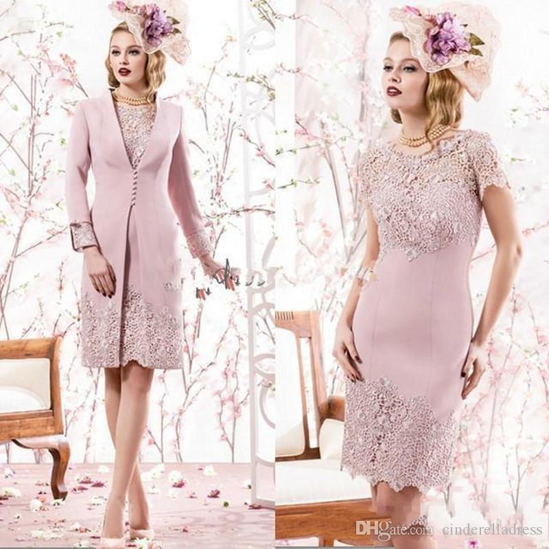 

2020 Elegant Dusty Rose Petite Knee Length mother of bride dresses Neckline Lace Long Sleeve Groom Mother Dress With Jacket 2 piece uk