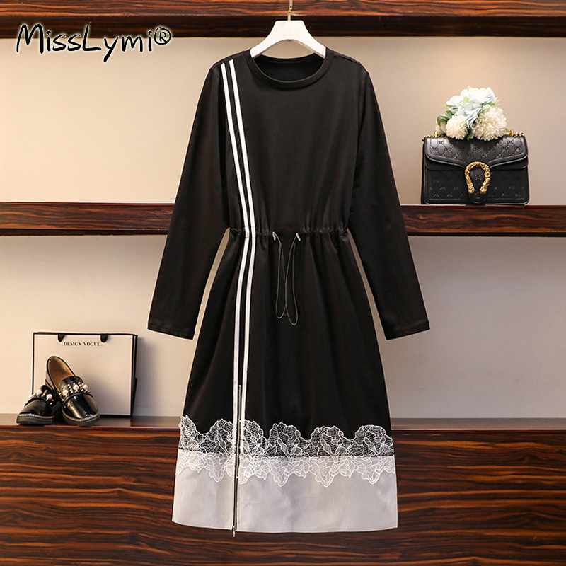 

5XL Plus Size Women Striped Zipper Split Dress Autumn 2020 Fashion Cotton Long Sleeve Sweatshirt Patchwork White Lace Dresses, Black
