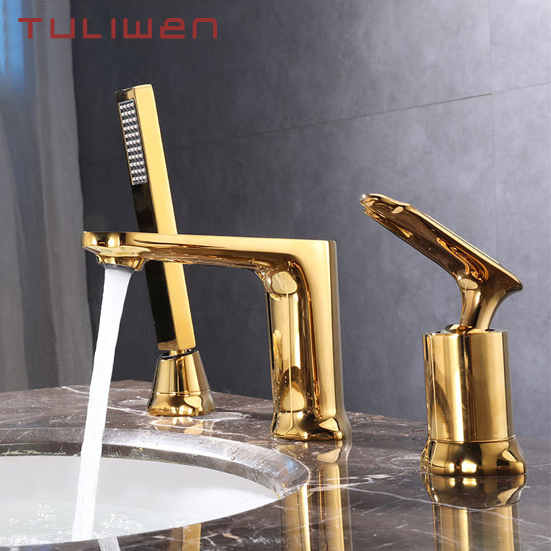 

Gold 3 PCS Brass Bathroom Faucet Three Hole Basin Sink faucet Bath Bathtub Mixer Taps Cold Hot Water tap with Shower Head