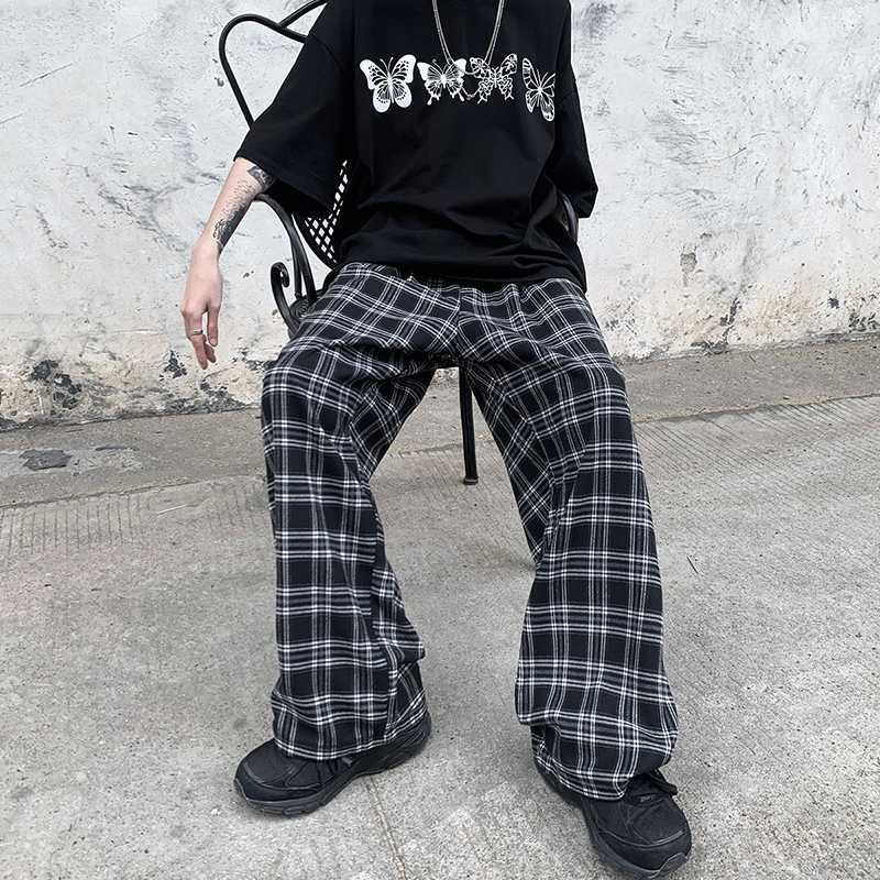 

Summer and autumn all-match personality plaid wide-leg trousers men' loose straight ins casual pants trend, Black grid