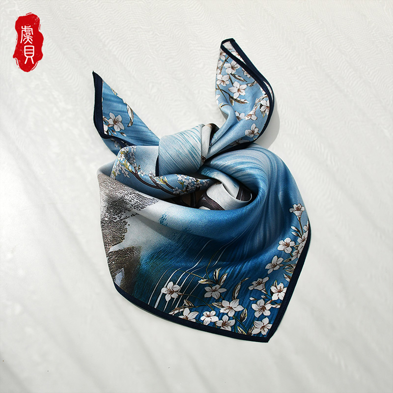 

lake blue natural silk scarf for women printed flower 100% real silk scarves small 50cm square soft handkerchief gift for lady