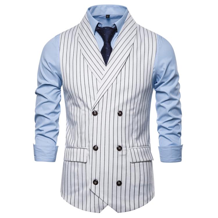 

Striped Double Breasted Vest Men's Clothing Suits Business Casual Green Fruit Collar Waistcoats Vests For Man Black White, White 1401-9726-50