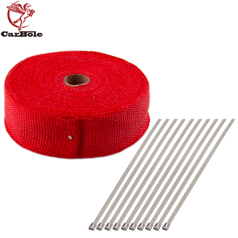 

CARBOLE Manifold Header Exhaust Thermal Exhaust Header Fiberglass Heat Wrap Tape w/ 5 Steel Ties Kit white Red Blue Purple 15m