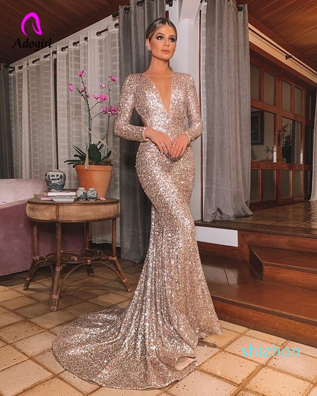 

Hot Sale Elegant Long Rose Gold Sequin Evening Party Dress Vestido De Festa Robe Long Sleeve Gowns Formal Party Dress Reflective Dress