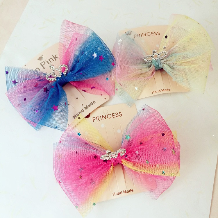 

Boutique 15pcs Fashion Glitter Star Gradient Stain Ribbon Bow Hairpins Rhinestone Tiaras Bowknot Hair Clips Princess Headwear, Beige