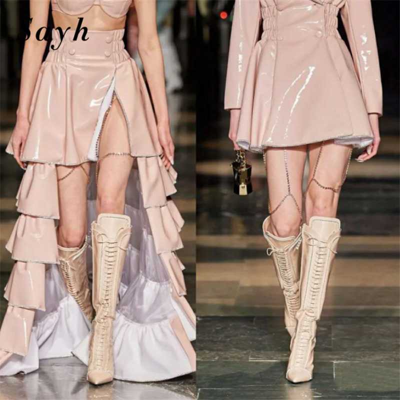 

2020 Women Pumps Sexy Model Catwalk Boots Pointed Toe Genuine Leather High Heel Lace-Up Knee Boots Fashion Rome Gladiator Shoes, Black