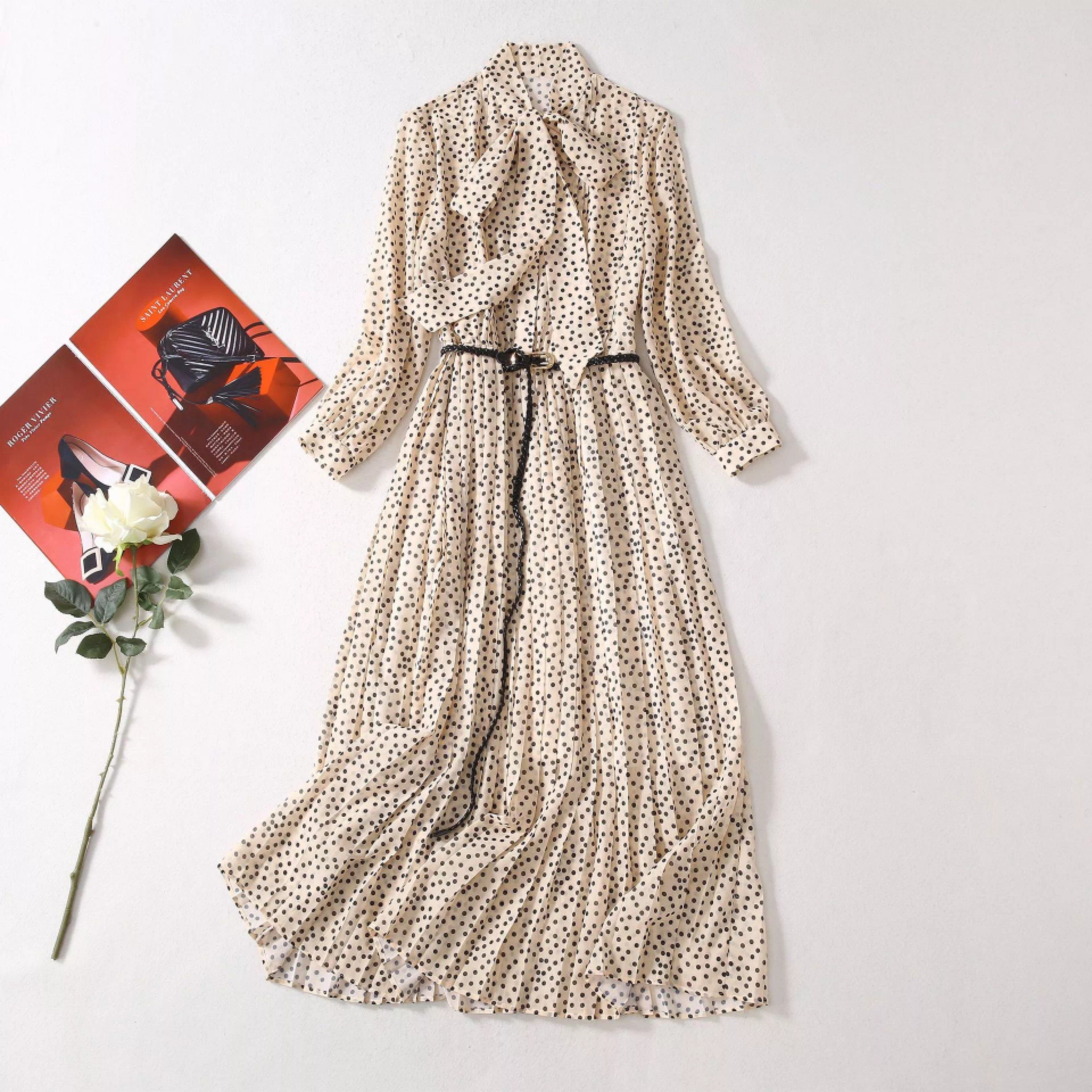 

European and American autumn high-quality bow tie tie wave dot waist pleated dress with belt, Black