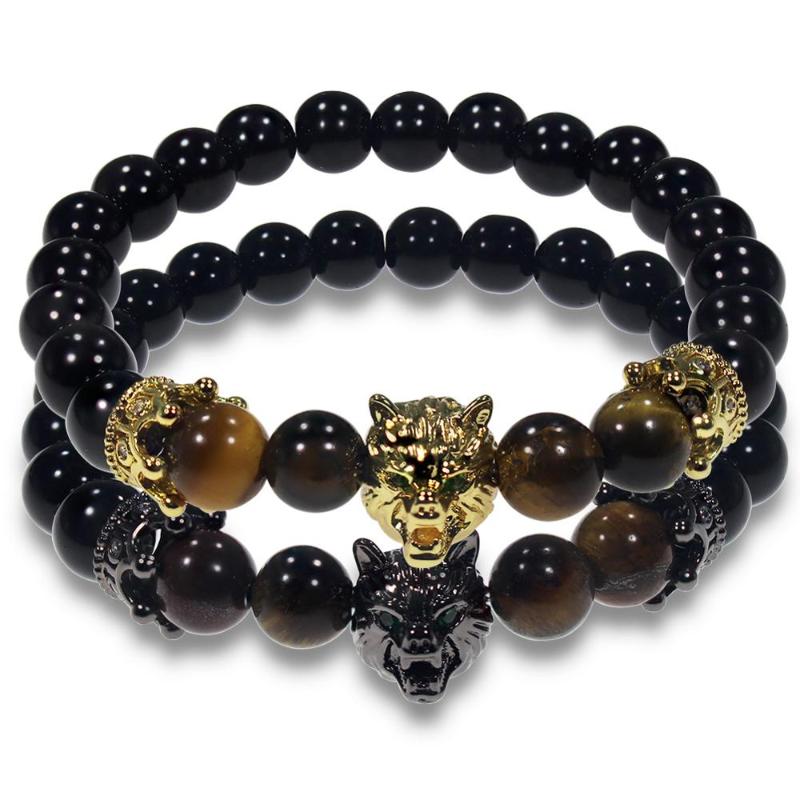 

Wolf Head Men Bracelet with Greey Eye Crystal Black Agates Stretch 8MM Tiger Eye Stone Beaded with Wolfs Charm Dropship TR1052