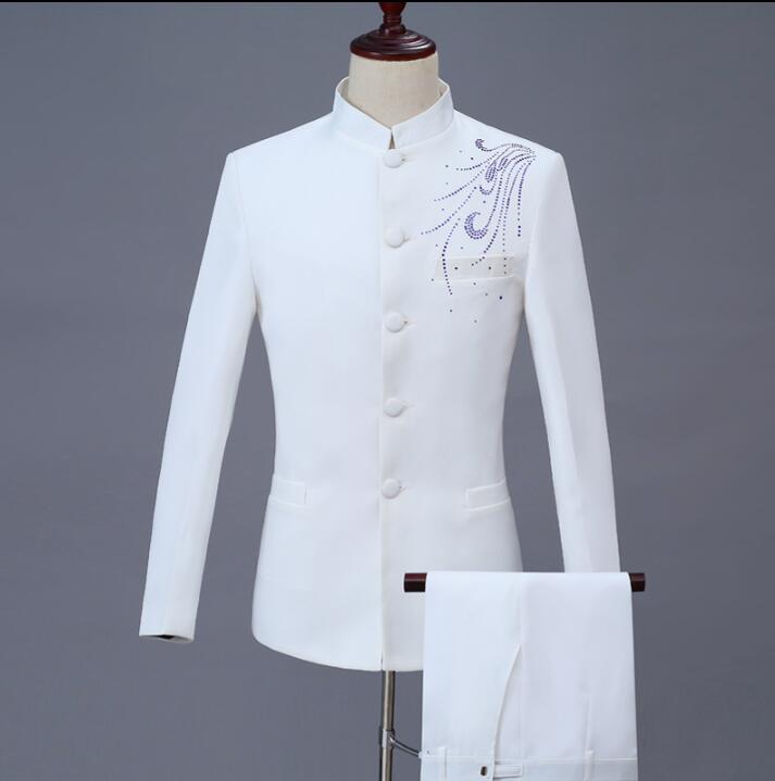 

Singer star style dance stage white clothing for men groom suit set with pants 2020 mens wedding suits Paste drill formal dress, Black