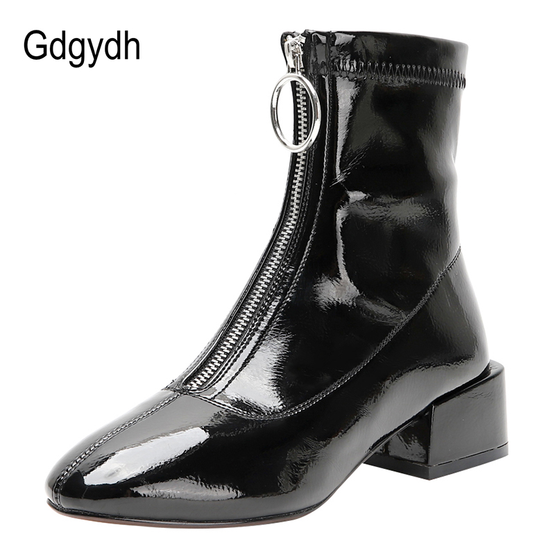 

Gdgydh Sexy Zipper White Ankle Boots For Women Mid Heel Short Boots Women Waterproof Patent Leather Square Toe Black Drop Ship, White shoes