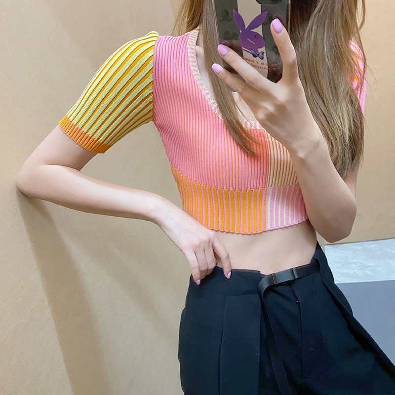 

2020 spring new Short sleeves sweaters women Slim fit sweater vest woman French vertical stripes Sweet girls, Color2