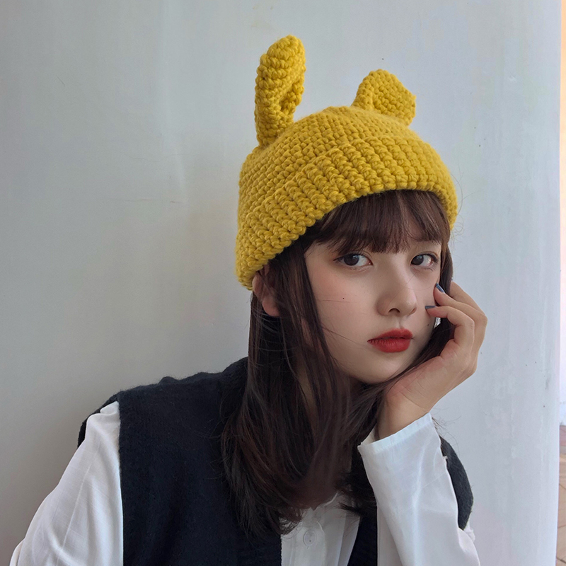 

Foux Beanies Hats Autumn Winter Women Cute Skull Cap Designer Sanitaire Knit Bonnets Colorful Ears 2020 New Fashion, Black