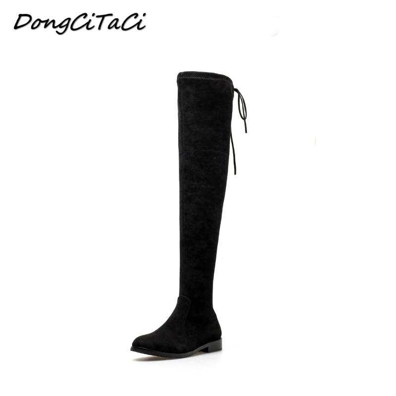 

DongCiTaCi Winter Women Round Toe Boots Woman Shoes Over The Knee Thick Low Heels Star Black Long Boots Women Lace up botas muje