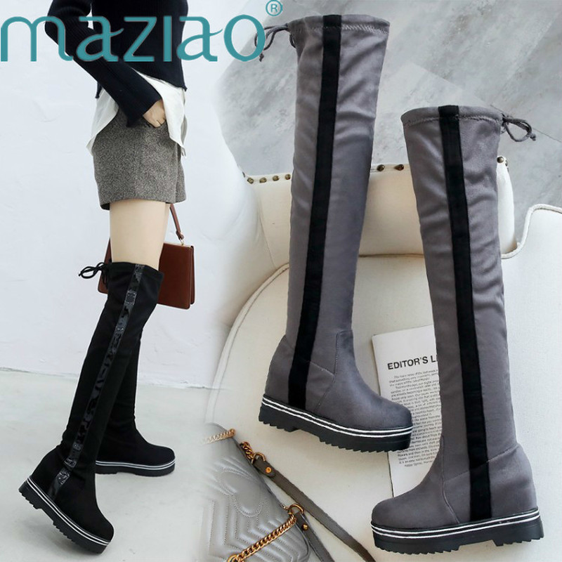 

Stretch Fabrics Over The Knee Boots Height Increasing Round Toe Women Mixed Colors Shoes Autumn Winter Casual Long Boots MAZIAO, Black