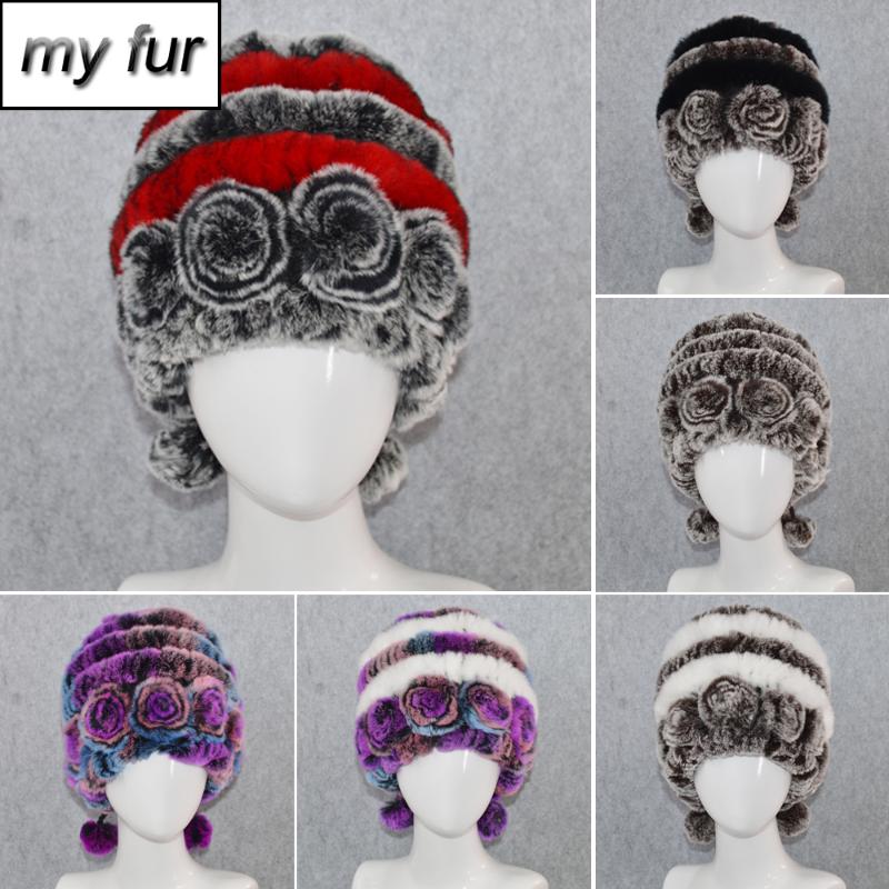 

New Russian Winter Women Genuine Rex Fur Hats Handmade Knit Warm Real Rex Fur Caps Real Beanies Hat, Color 3