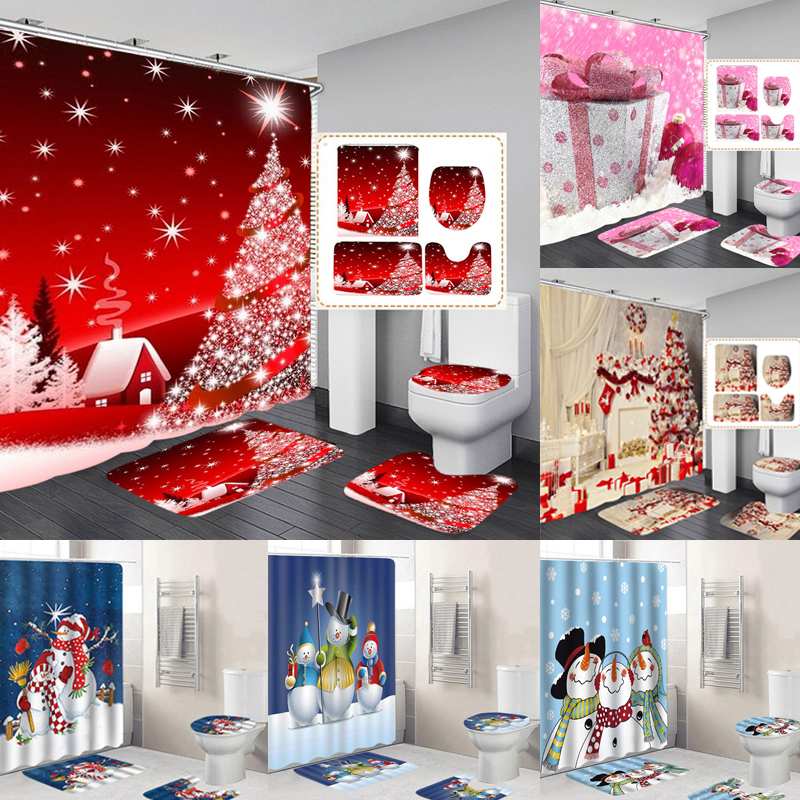 

4pcs/set Waterproof Bathroom Shower Curtain Christmas Backgdrop Snow Printing Bath Curtain Toilet Cover Mat Set Non-Slip Rugs