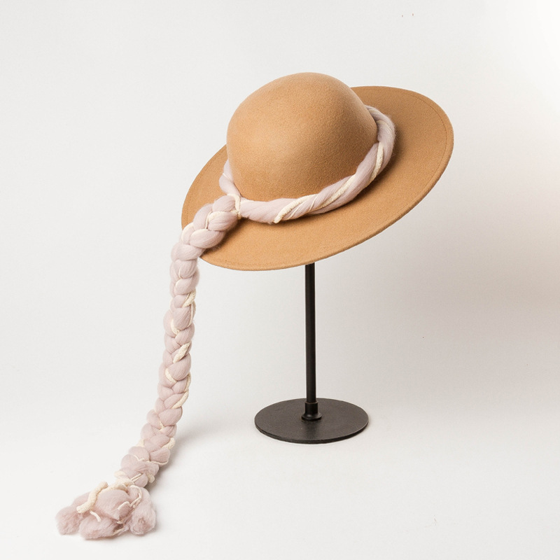 

New style dome wide-brimmed basin hat woven rope-decorated woolen woman hat girl fashion casual wide-brimmed, Brown