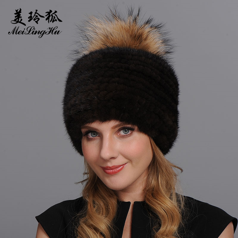 

Girl Real Hat Cap Top Raccoon Fur Pompoms Hat Strap Knitted Women Winter Warm Caps Natural Genuine Hats Female, Color 3