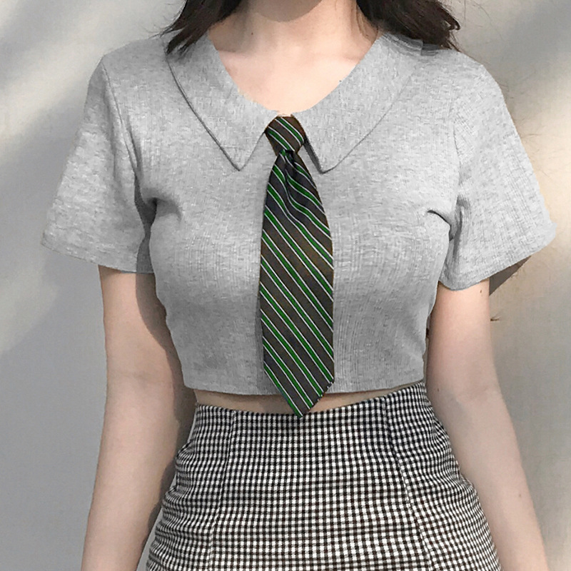 

YYXZ Summer Fashion Slim Cute Short Sleeve Tee Turn-down Collar SML Young Woman Casual Short T-Shirt Lady Crop Top with Tie, Black