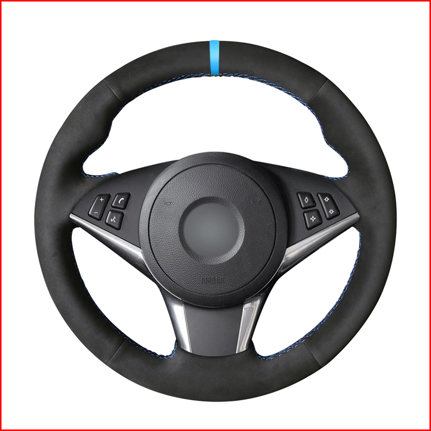 

Black Suede Light Blue Marker Steering Wheel Cover for BMW E60 530d 545i 550i E61 2005-2009 / E63 E64 630i 645Ci 650i 2004-2009