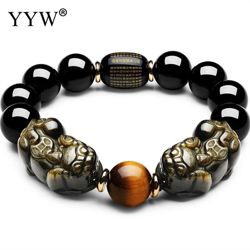 

Vintage Men Gold Obsidian Bracelet Fabulous Wild Beast Polished Chinese Style Smooth Black Beads Luxury Bangle Masculina Erkek