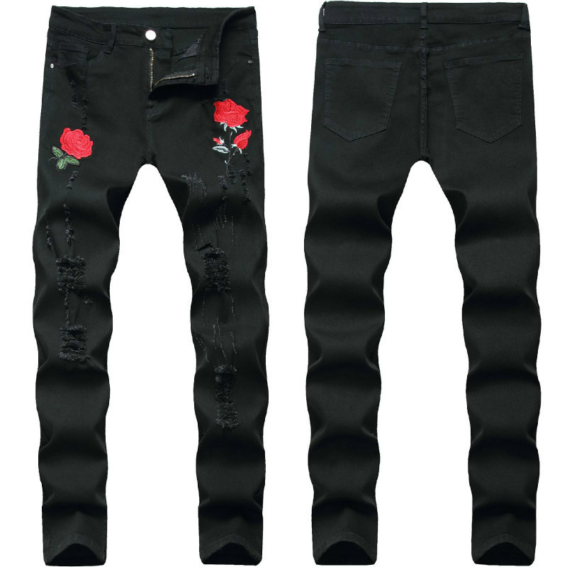 

Rose Embroidery Jeans Men 2020 Brand New Mens Stretchy Ripped Biker Denim Pants Trousers Casual Slim Elastic Black Pencil Pants T200827