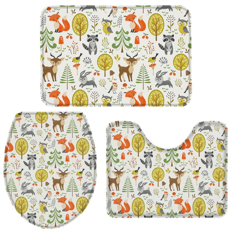 

Cartoon Animals Kawaii Bathroom Rug Set Toilet Cover Mat Pedestal Rug Non-Slip Bathroom Accessories Doormat Set