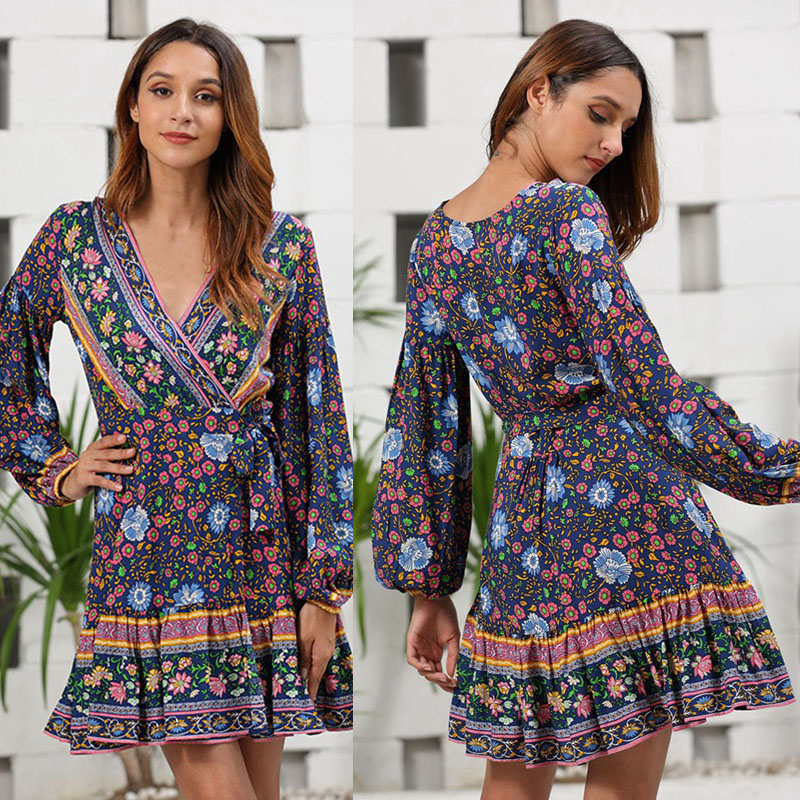 

Women' Deep V Sexy Heavy Industry Printing Short Skirt Long Sleeve Dress Casual Dress, Multi