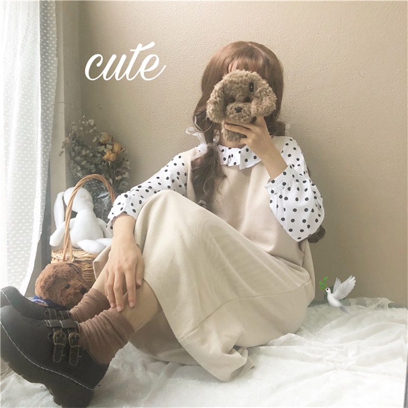 

2020 Spring Autumn O-Neck Long Sleeve Sweet Kawii Long Dresses And Polka Dot Shirts Japanese Preppy Style Mid-Calf Robe Female, White shirts