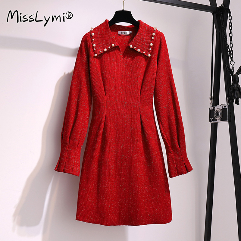 

XL Size Women Red Party Dress Autumn 2020 Korean Fashion Beading Turn-down Collar Long Sleeve A-Line Knitted Sweater Dresses