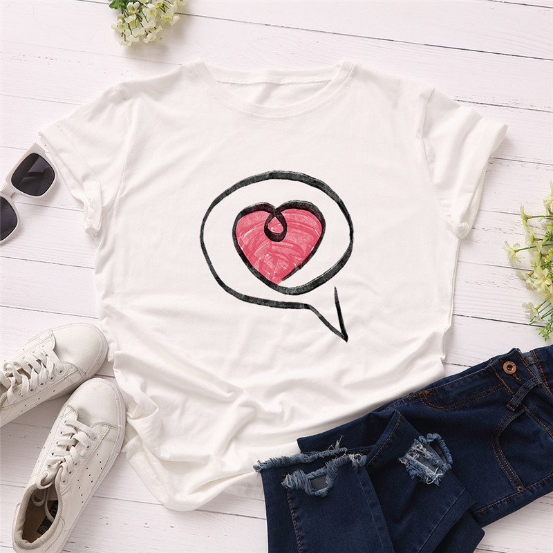 

Summer New Lovely Heart Print T Shirt Plus Size Women Cotton O Neck Short Sleeve T-Shirt Tops Casual Oversized Tshirt -5XL, No pattern