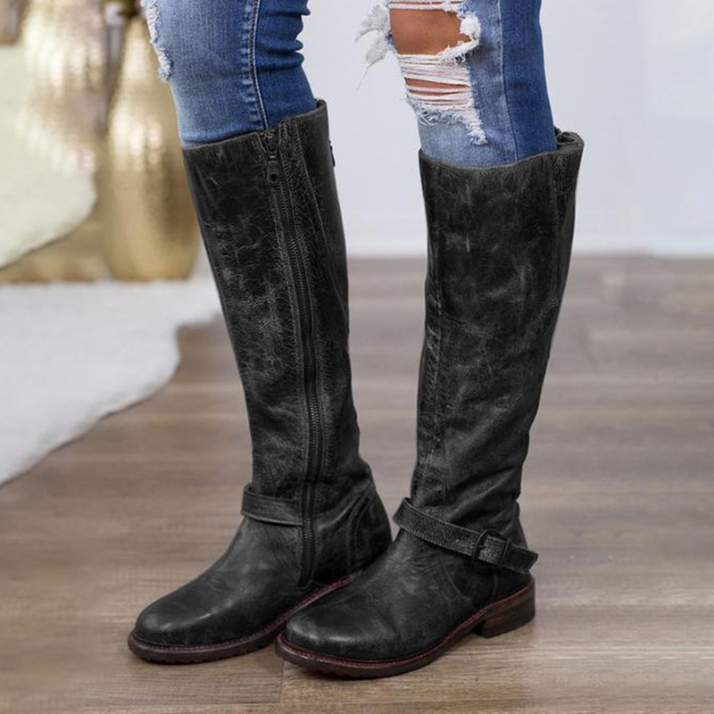 

women knee high boots low heels vintage PU leather shoes woman chaussure zapatos mujer girls plus size gladiator booties D1631, Black
