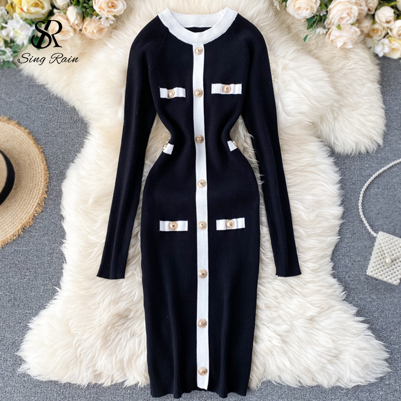SINGRAIN Women Knitted Sheath Dress Autumn Office Bodycon Kniting Dress Casual Winter Elastic O Neck Button Retro Sweater Dress 200925-image-590410866