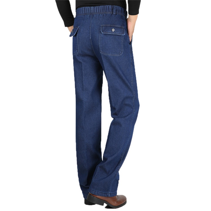 

Free shipping 2020 middle-aged men's autumn and winter plus velvet thick elastic waist jeans high waist business casual jean, Black