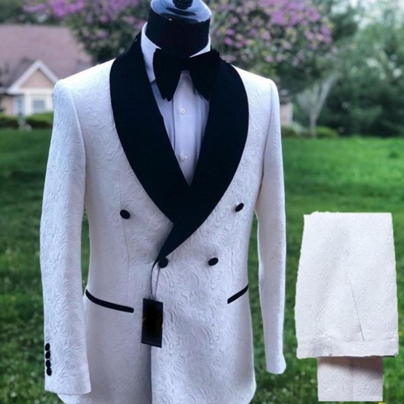 

New Arrival Groomsmen Shawl Velvet Lapel Groom Tuxedos White and Black Men Suits Wedding Best Man( Jacket + Pants + Tie ) Z102, Only jacket