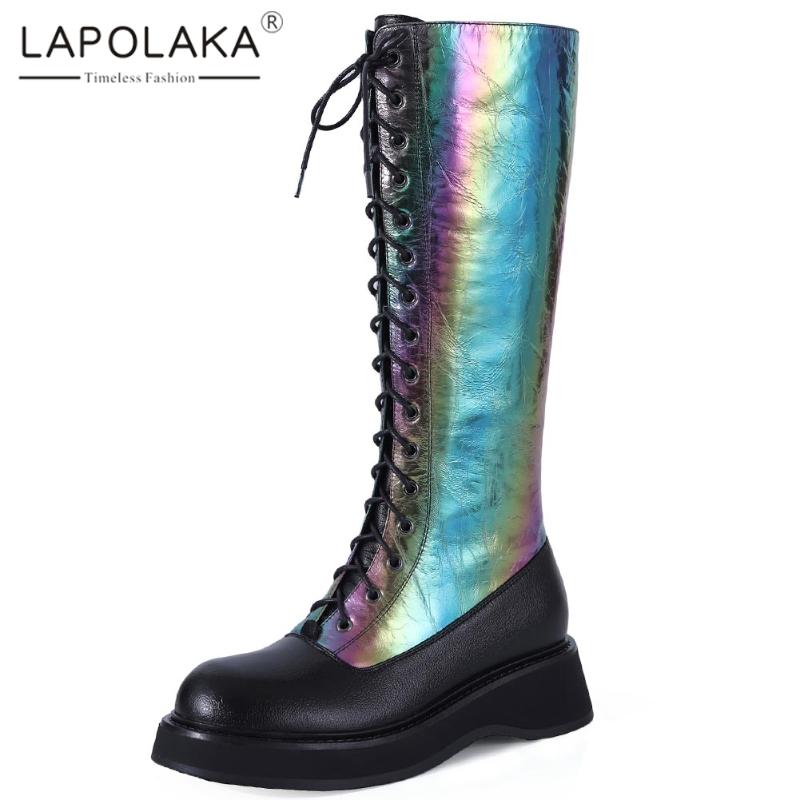 

Lapolaka Hot Sale 2020 Sequined Patchwork Boots Woman Shoes Comfortable Platform Zip Up INS Top Quality Knee High Boots, Black