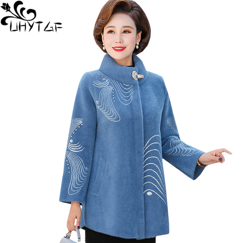 

UHYTGF Autumn winter coat women quality imitation mink cashmere woolen jacket Middle aged Female Casual loose plus size coat 845, Blue
